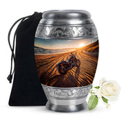 Silver Gray Bike Cremation Urn back view with polished surface - ornate monarch-style bike relief on brushed aluminum - full-size 10 inch 200 cubic inch adult cremation urn