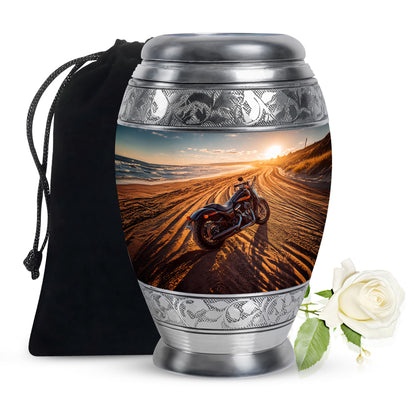 Silver Gray Bike Cremation Urn back view with polished surface - ornate monarch-style bike relief on brushed aluminum - full-size 10 inch 200 cubic inch adult cremation urn