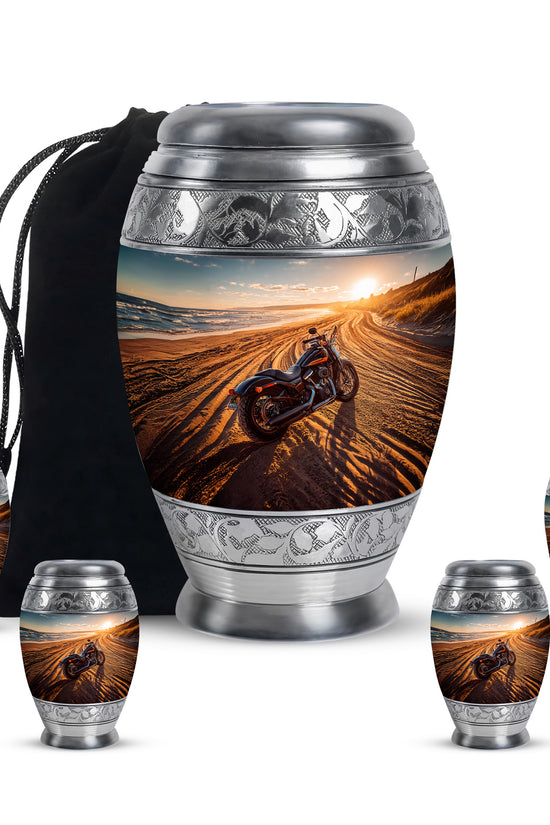 Ash Gray Bike Cremation Urn detail view - royal bike engraving with decorative scrollwork - memorial set with one large and four small urns