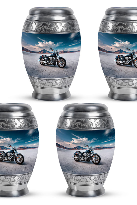 Cobalt Blue Bike Cremation Urn urn with complimentary velvet bag - royal bike engraving with decorative scrollwork - 10 inch aluminum urn for cremated remains