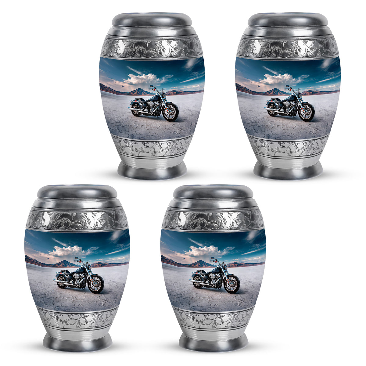 Cobalt Blue Bike Cremation Urn urn with complimentary velvet bag - royal bike engraving with decorative scrollwork - 10 inch aluminum urn for cremated remains