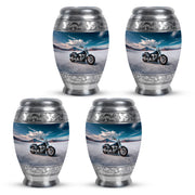 Cobalt Blue Bike Cremation Urn urn with complimentary velvet bag - royal bike engraving with decorative scrollwork - 10 inch aluminum urn for cremated remains