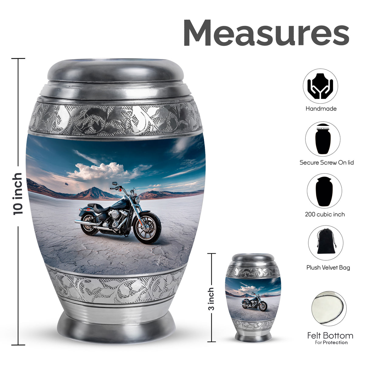 Slate Blue Bike Cremation Urn lifestyle display on memorial shelf - ornate monarch-style bike relief on brushed aluminum - mini keepsake memorial for portion of cremation ashes