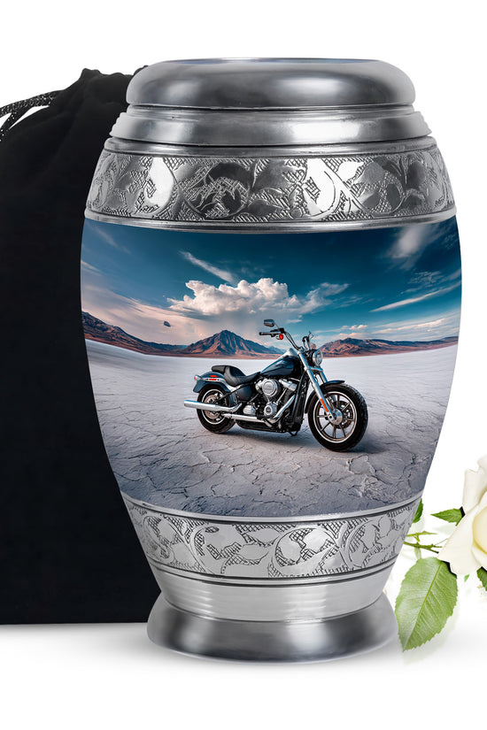 Pastel Blue Bike Cremation Urn back view with polished surface - regal bike design with crown-inspired accents - full-size 10 inch 200 cubic inch adult cremation urn