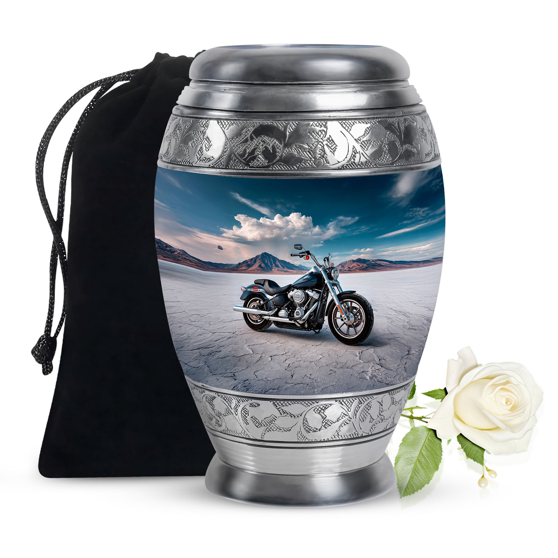 Pastel Blue Bike Cremation Urn back view with polished surface - regal bike design with crown-inspired accents - full-size 10 inch 200 cubic inch adult cremation urn