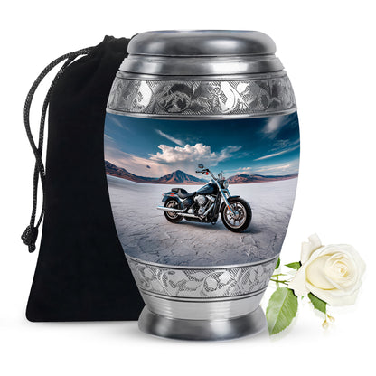 Pastel Blue Bike Cremation Urn back view with polished surface - regal bike design with crown-inspired accents - full-size 10 inch 200 cubic inch adult cremation urn
