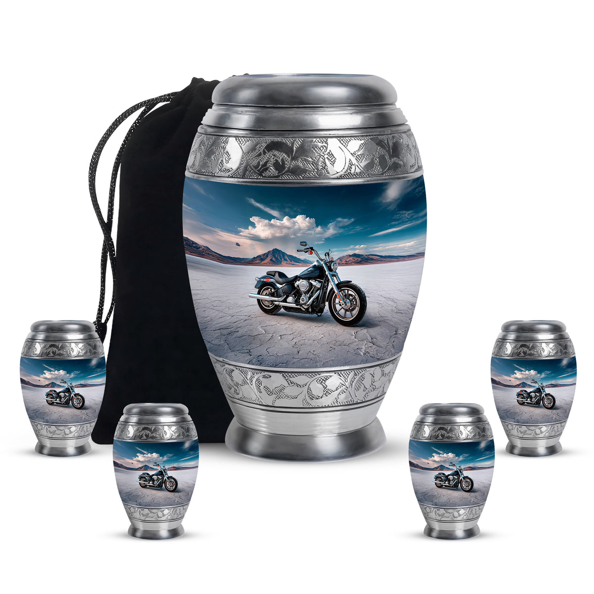 Royal Blue Bike Cremation Urn detail view - majestic bike pattern with filigree border - memorial set with one large and four small urns