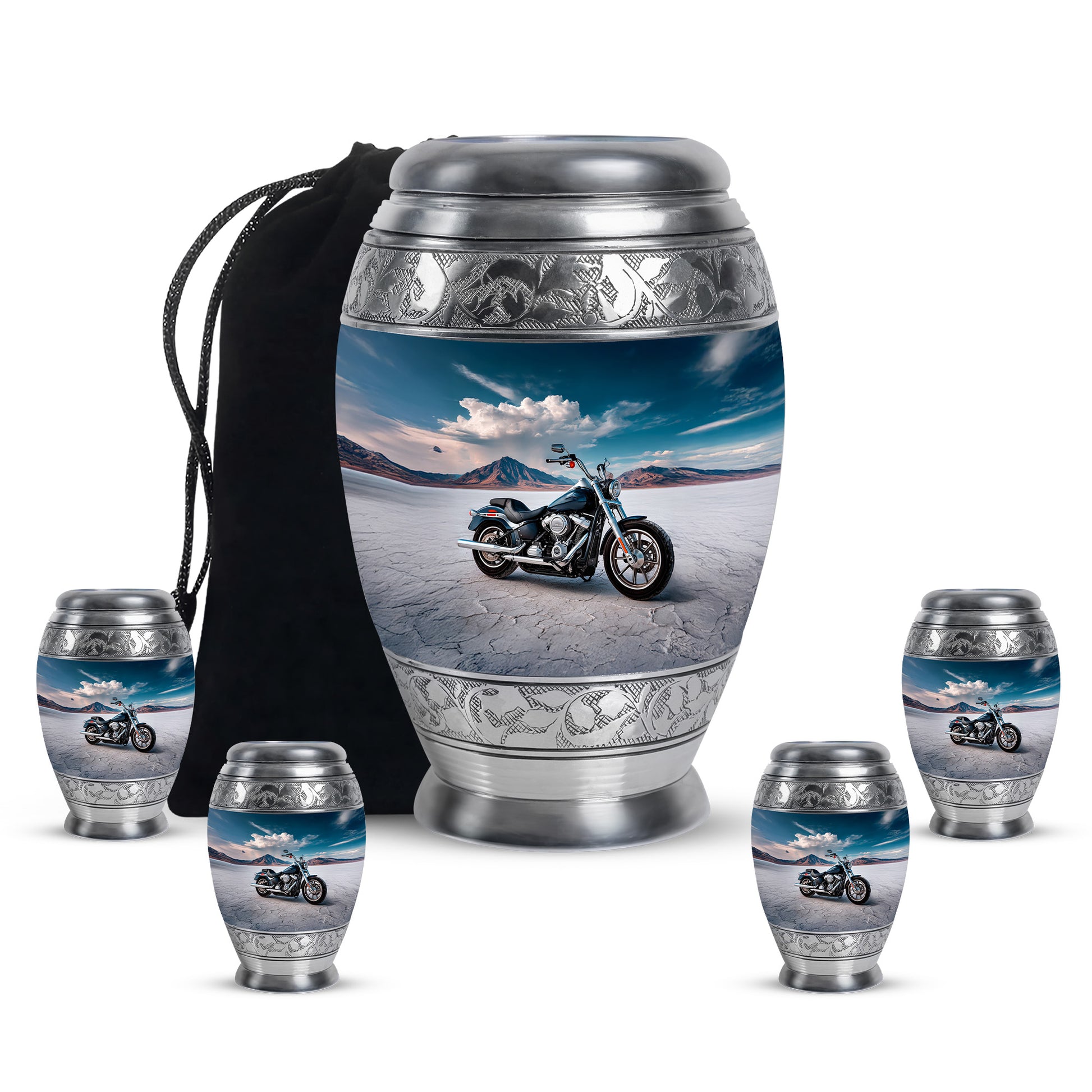 Royal Blue Bike Cremation Urn detail view - majestic bike pattern with filigree border - memorial set with one large and four small urns