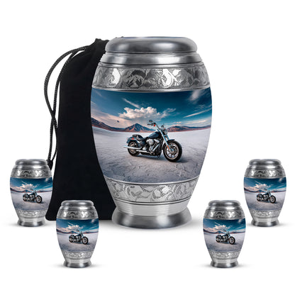 Royal Blue Bike Cremation Urn detail view - majestic bike pattern with filigree border - memorial set with one large and four small urns