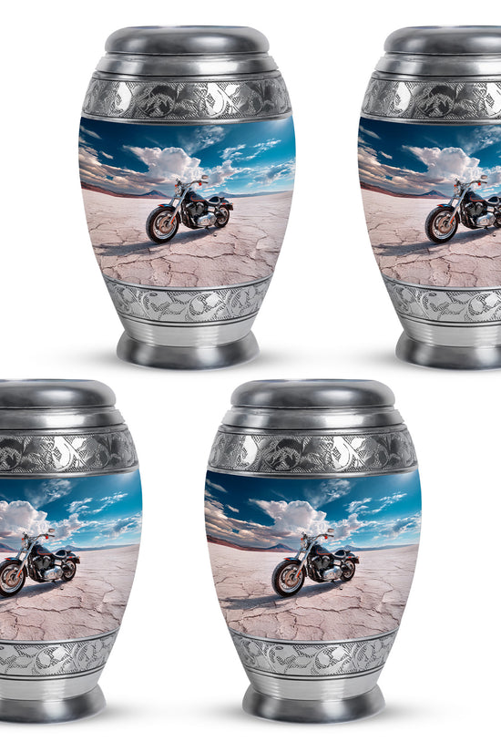 Celestial Blue Bike Cremation Urn urn with complimentary velvet bag - ornate monarch-style bike relief on brushed aluminum - 10 inch aluminum urn for cremated remains