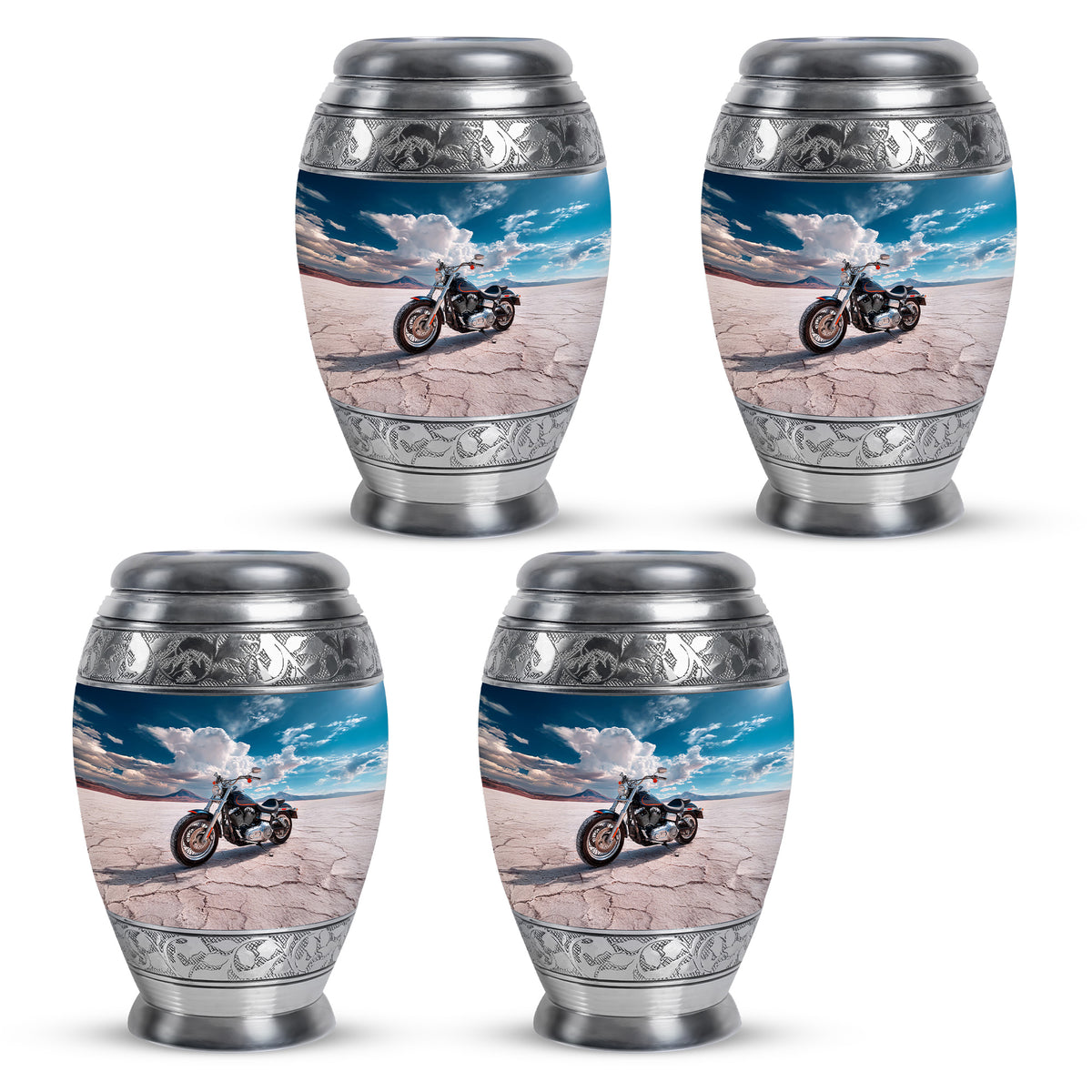 Celestial Blue Bike Cremation Urn urn with complimentary velvet bag - ornate monarch-style bike relief on brushed aluminum - 10 inch aluminum urn for cremated remains