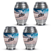 Celestial Blue Bike Cremation Urn urn with complimentary velvet bag - ornate monarch-style bike relief on brushed aluminum - 10 inch aluminum urn for cremated remains