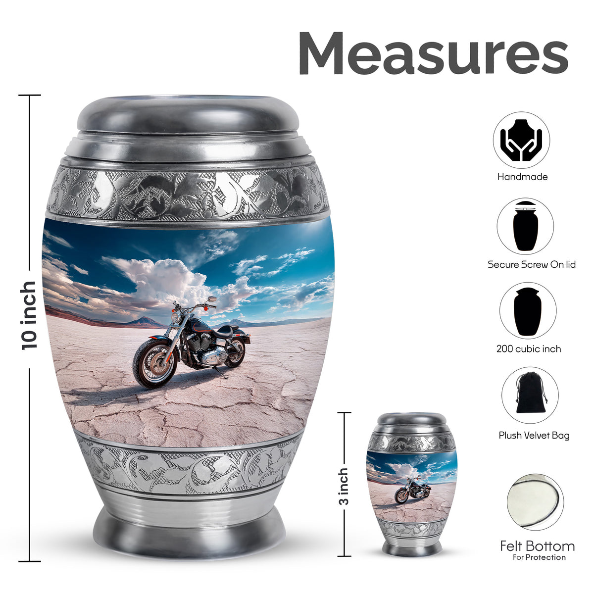 Steel Blue Bike Cremation Urn lifestyle display on memorial shelf - majestic bike pattern with filigree border - mini keepsake memorial for portion of cremation ashes