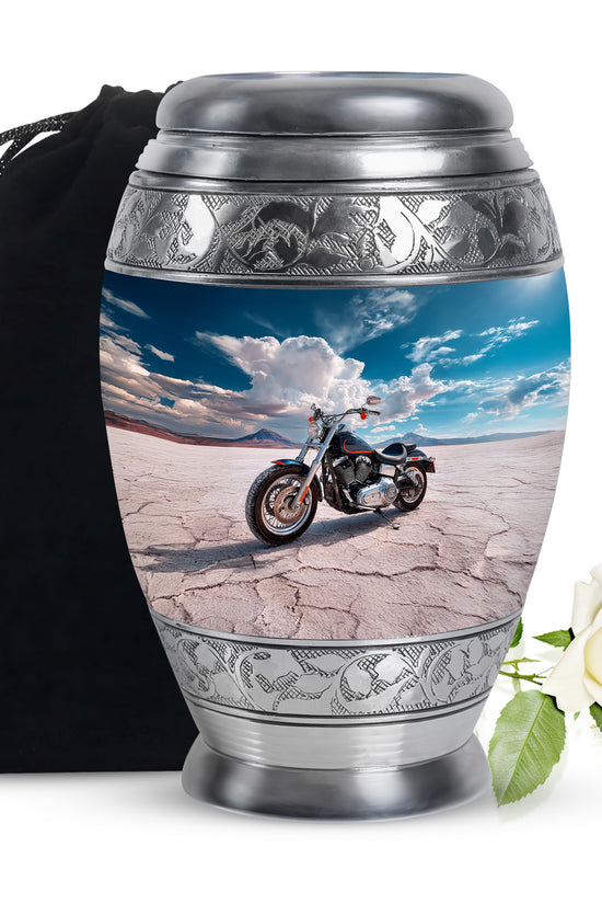Bright Blue Bike Cremation Urn back view with polished surface - majestic bike pattern with filigree border - full-size 10 inch 200 cubic inch adult cremation urn