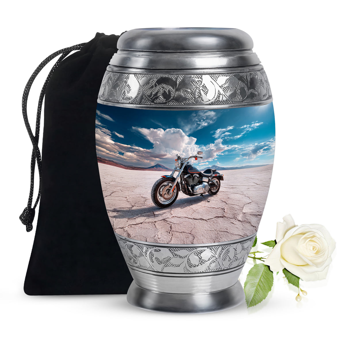 Bright Blue Bike Cremation Urn back view with polished surface - majestic bike pattern with filigree border - full-size 10 inch 200 cubic inch adult cremation urn