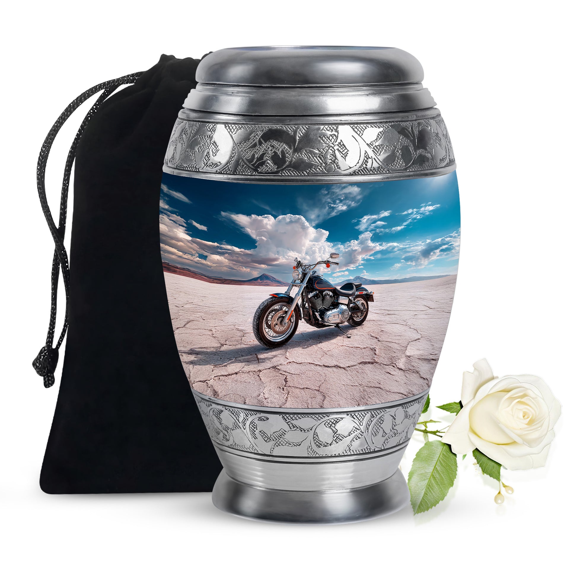 Bright Blue Bike Cremation Urn back view with polished surface - majestic bike pattern with filigree border - full-size 10 inch 200 cubic inch adult cremation urn