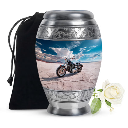 Bright Blue Bike Cremation Urn back view with polished surface - majestic bike pattern with filigree border - full-size 10 inch 200 cubic inch adult cremation urn