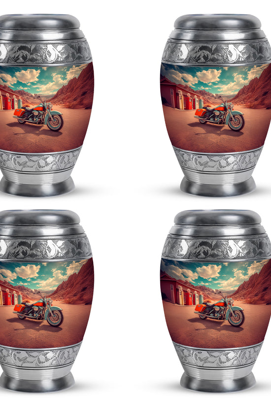Aqua Teal Bike Cremation Urn urn with complimentary velvet bag - majestic bike pattern with filigree border - 10 inch aluminum urn for cremated remains
