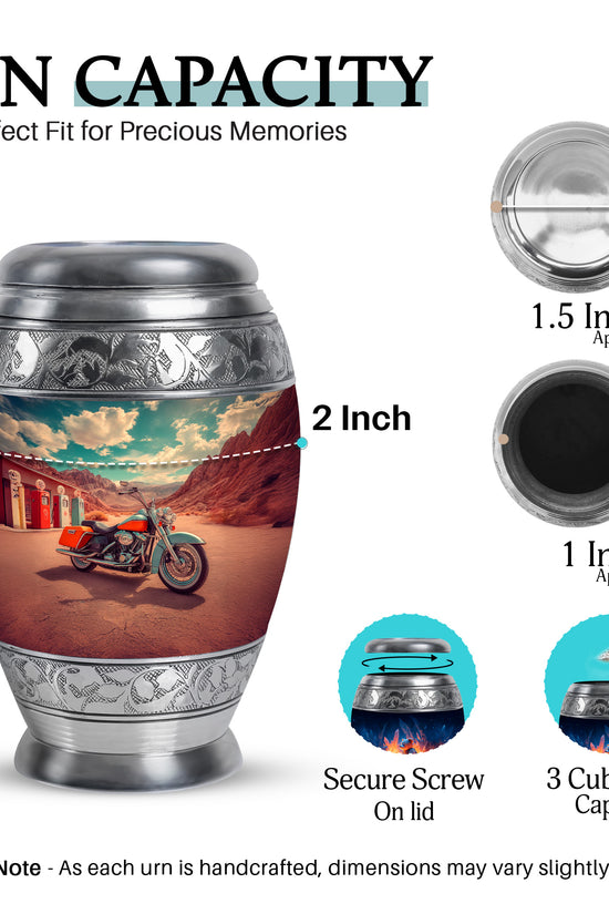 Vivid Teal Bike Cremation Urn lifestyle display on memorial shelf - majestic bike pattern with filigree border - mini keepsake memorial for portion of cremation ashes
