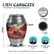 Vivid Teal Bike Cremation Urn lifestyle display on memorial shelf - majestic bike pattern with filigree border - mini keepsake memorial for portion of cremation ashes