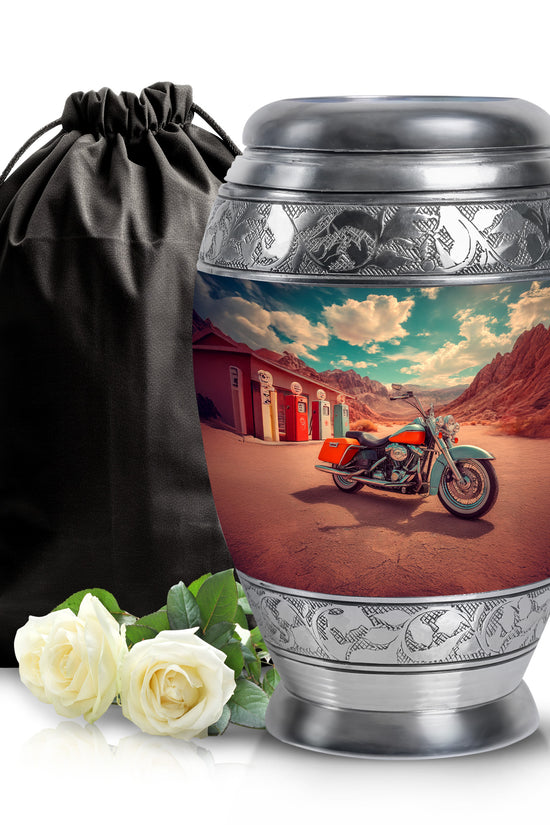 Aqua Teal Bike Cremation Urn back view with polished surface - royal bike engraving with decorative scrollwork - full-size 10 inch 200 cubic inch adult cremation urn