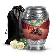 Aqua Teal Bike Cremation Urn back view with polished surface - royal bike engraving with decorative scrollwork - full-size 10 inch 200 cubic inch adult cremation urn
