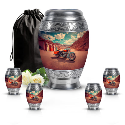 Aqua Teal Bike Cremation Urn detail view - royal bike engraving with decorative scrollwork - memorial set with one large and four small urns