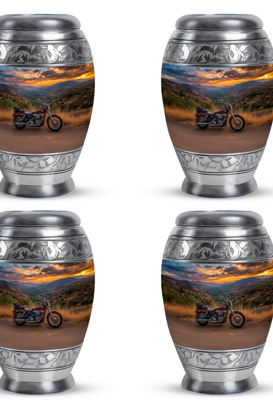 Sapphire Blue Bike Cremation Urn urn with complimentary velvet bag - majestic bike pattern with filigree border - 10 inch aluminum urn for cremated remains