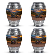 Sapphire Blue Bike Cremation Urn urn with complimentary velvet bag - majestic bike pattern with filigree border - 10 inch aluminum urn for cremated remains