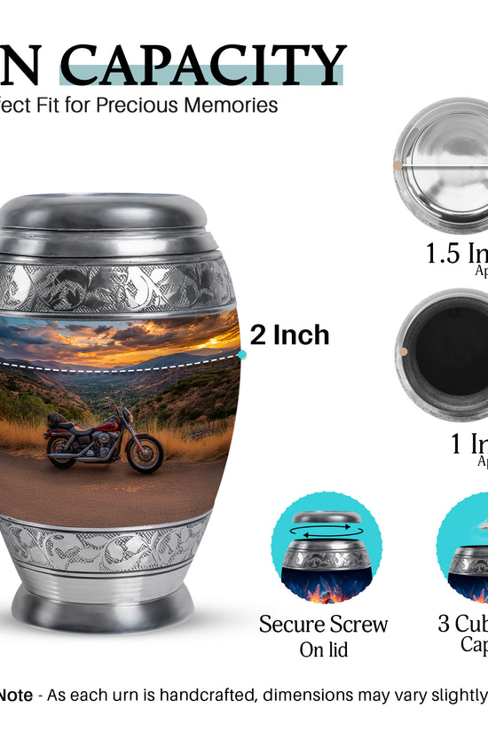 Royal Blue Bike Cremation Urn lifestyle display on memorial shelf - majestic bike pattern with filigree border - mini keepsake memorial for portion of cremation ashes