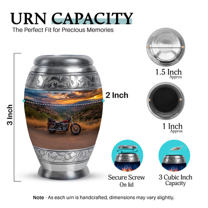 Royal Blue Bike Cremation Urn lifestyle display on memorial shelf - majestic bike pattern with filigree border - mini keepsake memorial for portion of cremation ashes