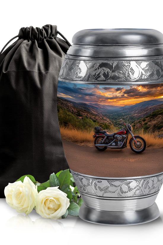 Cobalt Blue Bike Cremation Urn back view with polished surface - royal bike engraving with decorative scrollwork - full-size 10 inch 200 cubic inch adult cremation urn