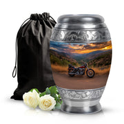 Cobalt Blue Bike Cremation Urn back view with polished surface - royal bike engraving with decorative scrollwork - full-size 10 inch 200 cubic inch adult cremation urn