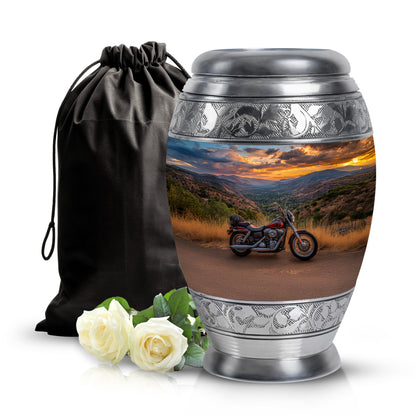 Cobalt Blue Bike Cremation Urn back view with polished surface - royal bike engraving with decorative scrollwork - full-size 10 inch 200 cubic inch adult cremation urn