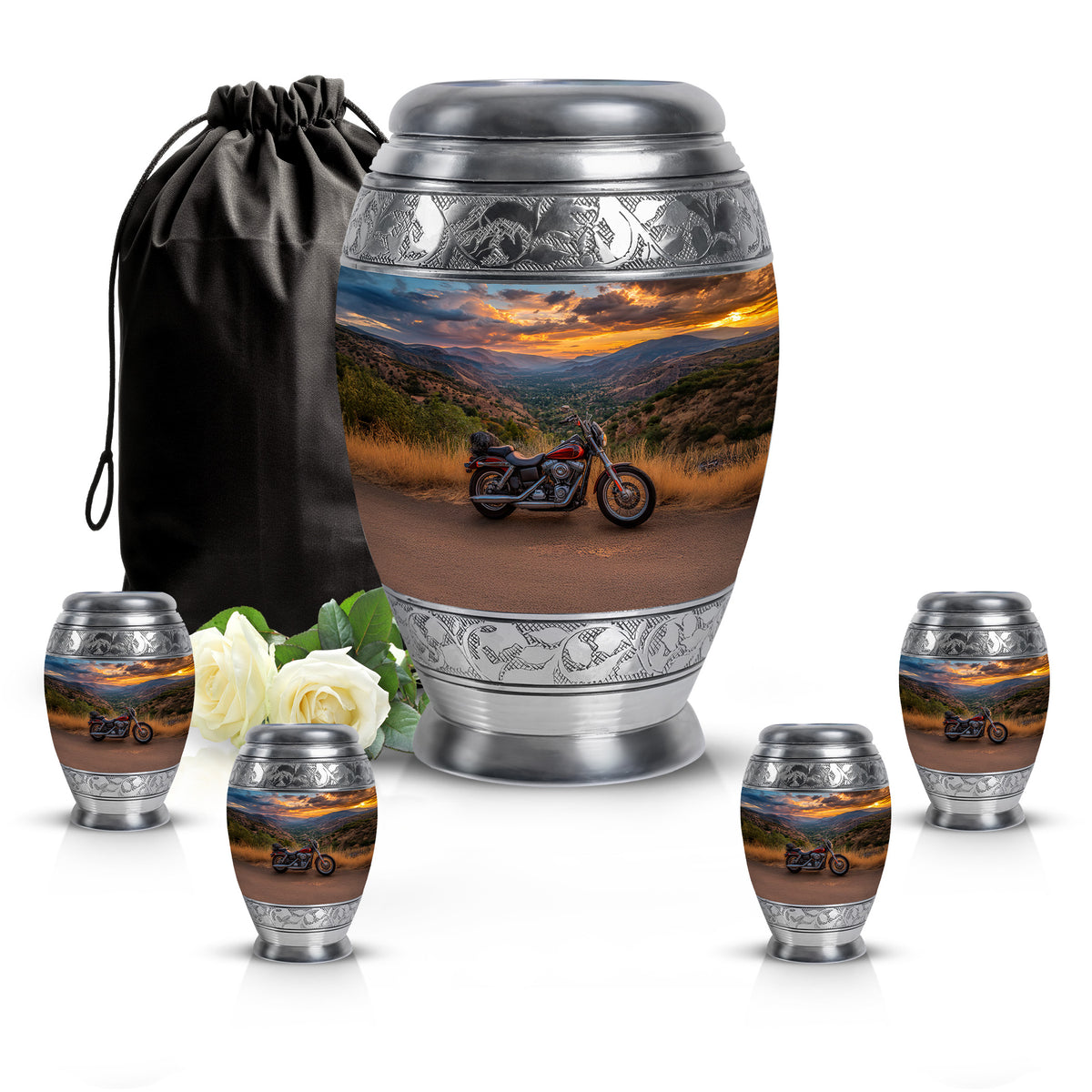 Sapphire Blue Bike Cremation Urn detail view - majestic bike pattern with filigree border - memorial set with one large and four small urns