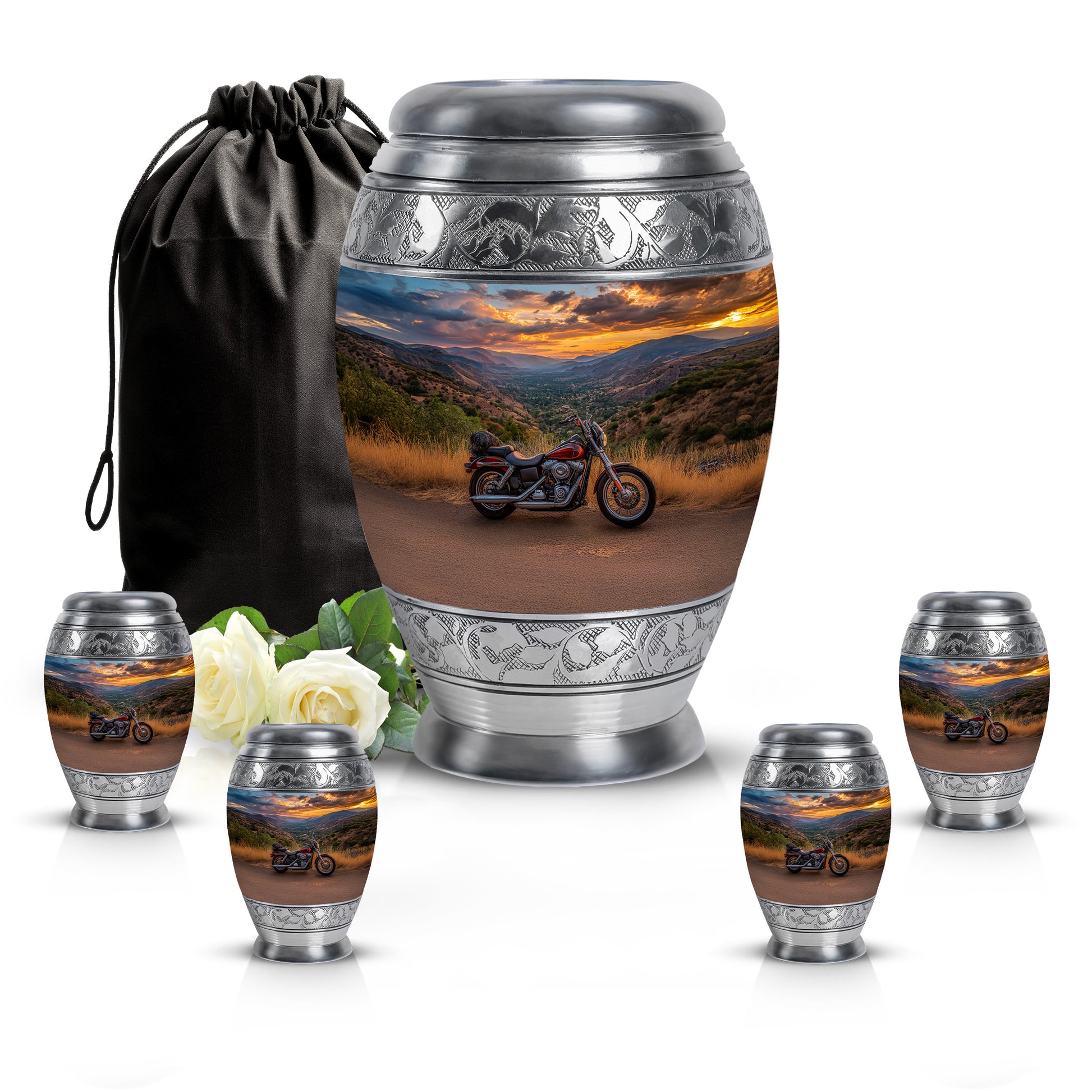 Sapphire Blue Bike Cremation Urn detail view - majestic bike pattern with filigree border - memorial set with one large and four small urns