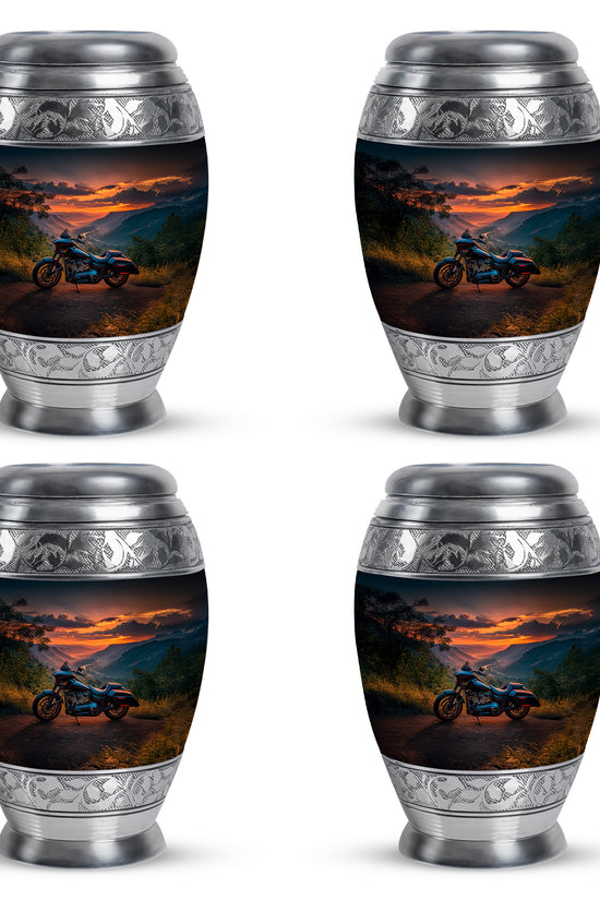 Calming Blue Bike Cremation Urn urn with complimentary velvet bag - majestic bike pattern with filigree border - 10 inch aluminum urn for cremated remains