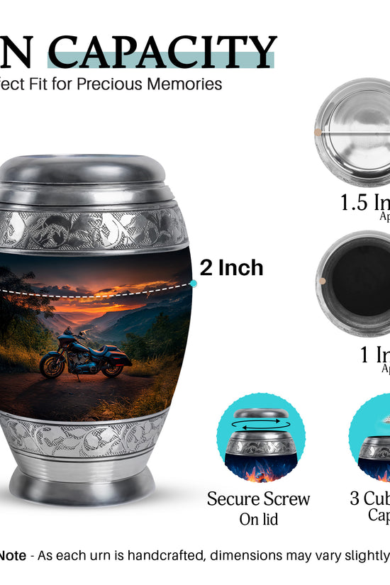 Soft Blue Bike Cremation Urn lifestyle display on memorial shelf - royal bike engraving with decorative scrollwork - mini keepsake memorial for portion of cremation ashes
