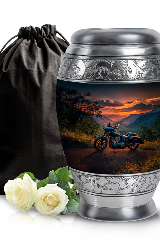 Twilight Blue Bike Cremation Urn back view with polished surface - majestic bike pattern with filigree border - full-size 10 inch 200 cubic inch adult cremation urn