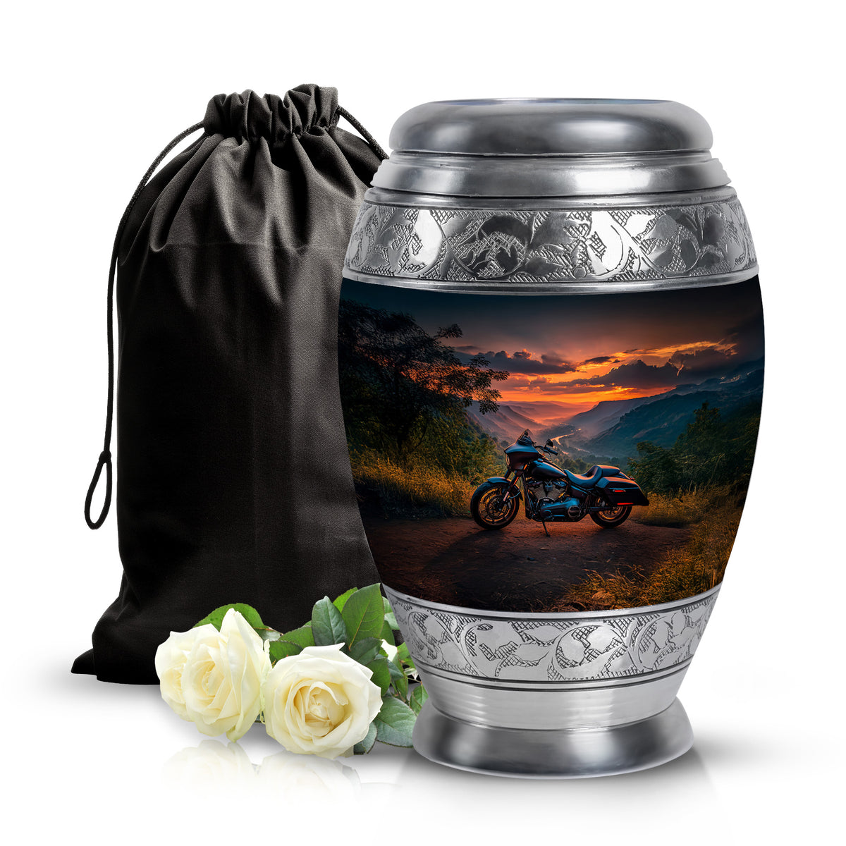 Twilight Blue Bike Cremation Urn back view with polished surface - majestic bike pattern with filigree border - full-size 10 inch 200 cubic inch adult cremation urn