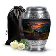 Twilight Blue Bike Cremation Urn back view with polished surface - majestic bike pattern with filigree border - full-size 10 inch 200 cubic inch adult cremation urn