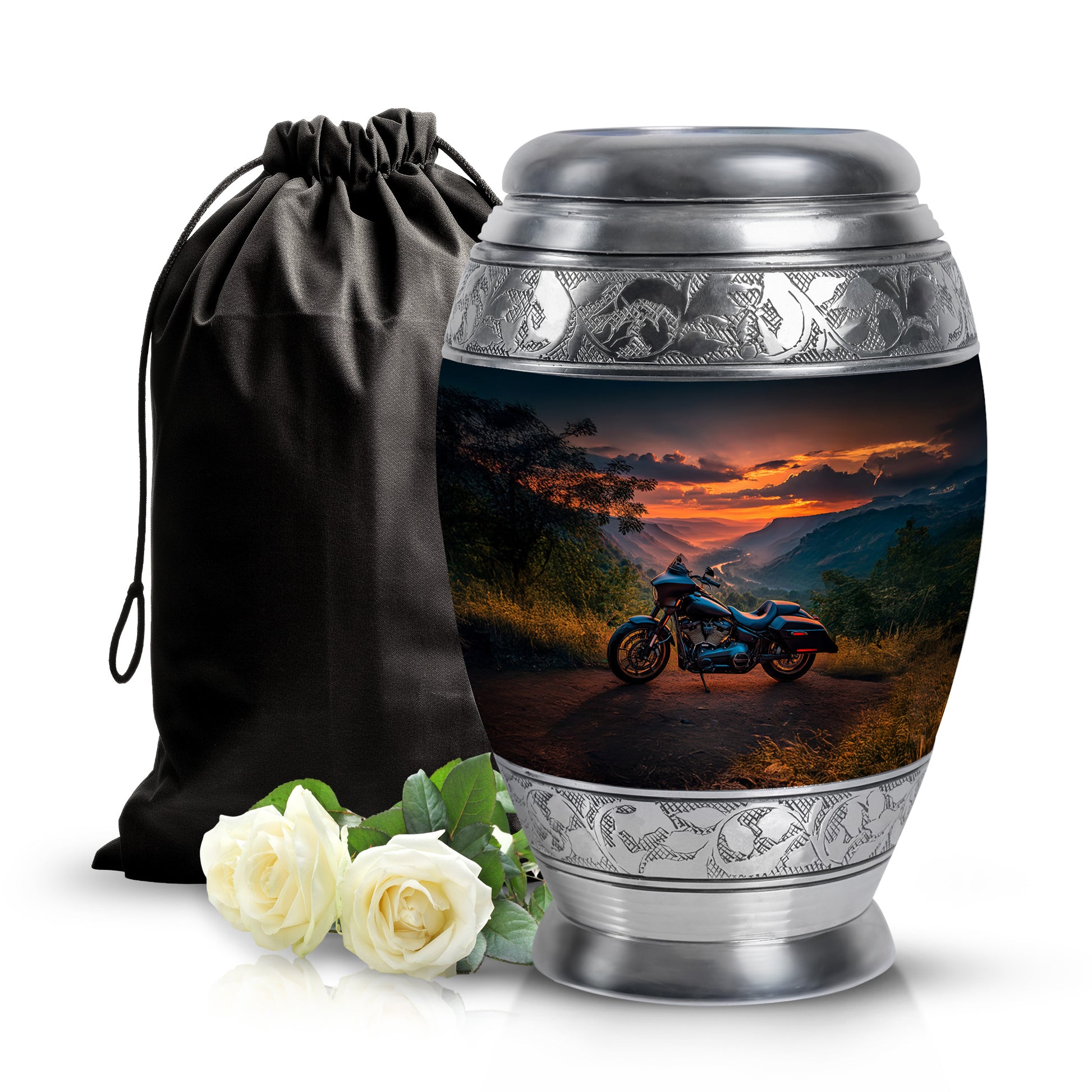 Twilight Blue Bike Cremation Urn back view with polished surface - majestic bike pattern with filigree border - full-size 10 inch 200 cubic inch adult cremation urn