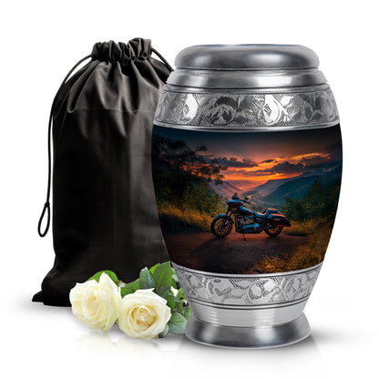 Twilight Blue Bike Cremation Urn back view with polished surface - majestic bike pattern with filigree border - full-size 10 inch 200 cubic inch adult cremation urn