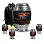 Celestial Blue Bike Cremation Urn detail view - ornate monarch-style bike relief on brushed aluminum - memorial set with one large and four small urns