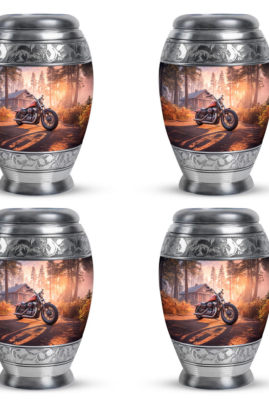 Fiery Red Bike Cremation Urn urn with complimentary velvet bag - majestic bike pattern with filigree border - 10 inch aluminum urn for cremated remains