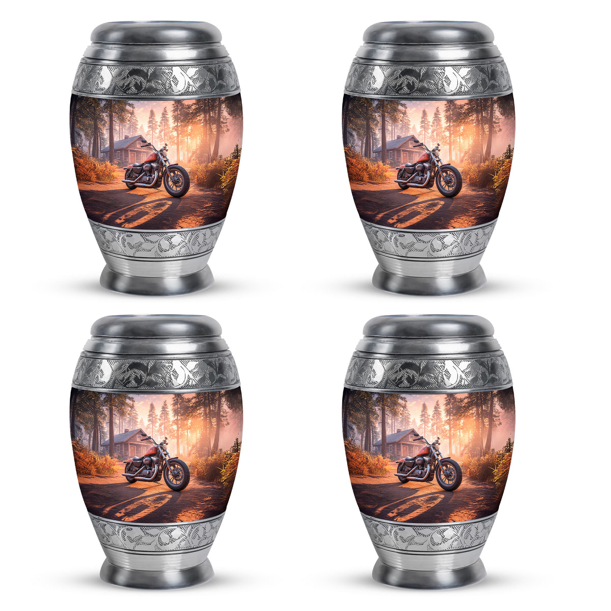 Fiery Red Bike Cremation Urn urn with complimentary velvet bag - majestic bike pattern with filigree border - 10 inch aluminum urn for cremated remains