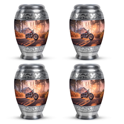 Fiery Red Bike Cremation Urn urn with complimentary velvet bag - majestic bike pattern with filigree border - 10 inch aluminum urn for cremated remains