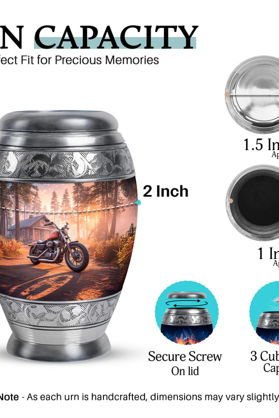 Rich Red Bike Cremation Urn lifestyle display on memorial shelf - majestic bike pattern with filigree border - mini keepsake memorial for portion of cremation ashes