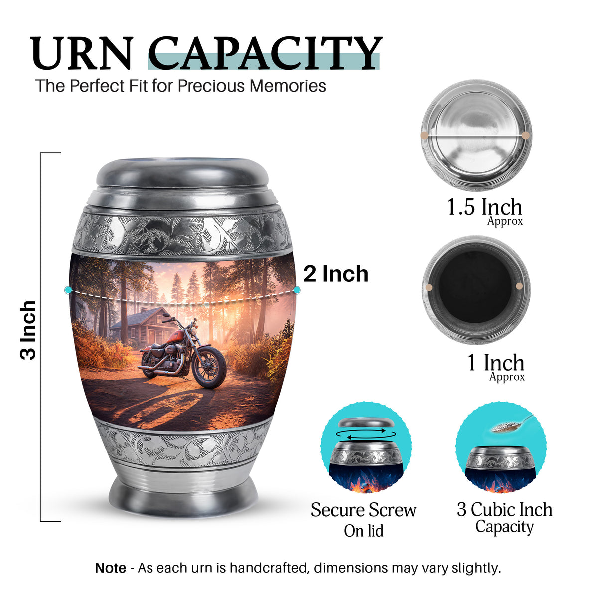Rich Red Bike Cremation Urn lifestyle display on memorial shelf - majestic bike pattern with filigree border - mini keepsake memorial for portion of cremation ashes