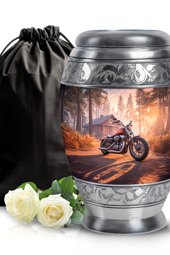 Crimson Red Bike Cremation Urn back view with polished surface - regal bike design with crown-inspired accents - full-size 10 inch 200 cubic inch adult cremation urn
